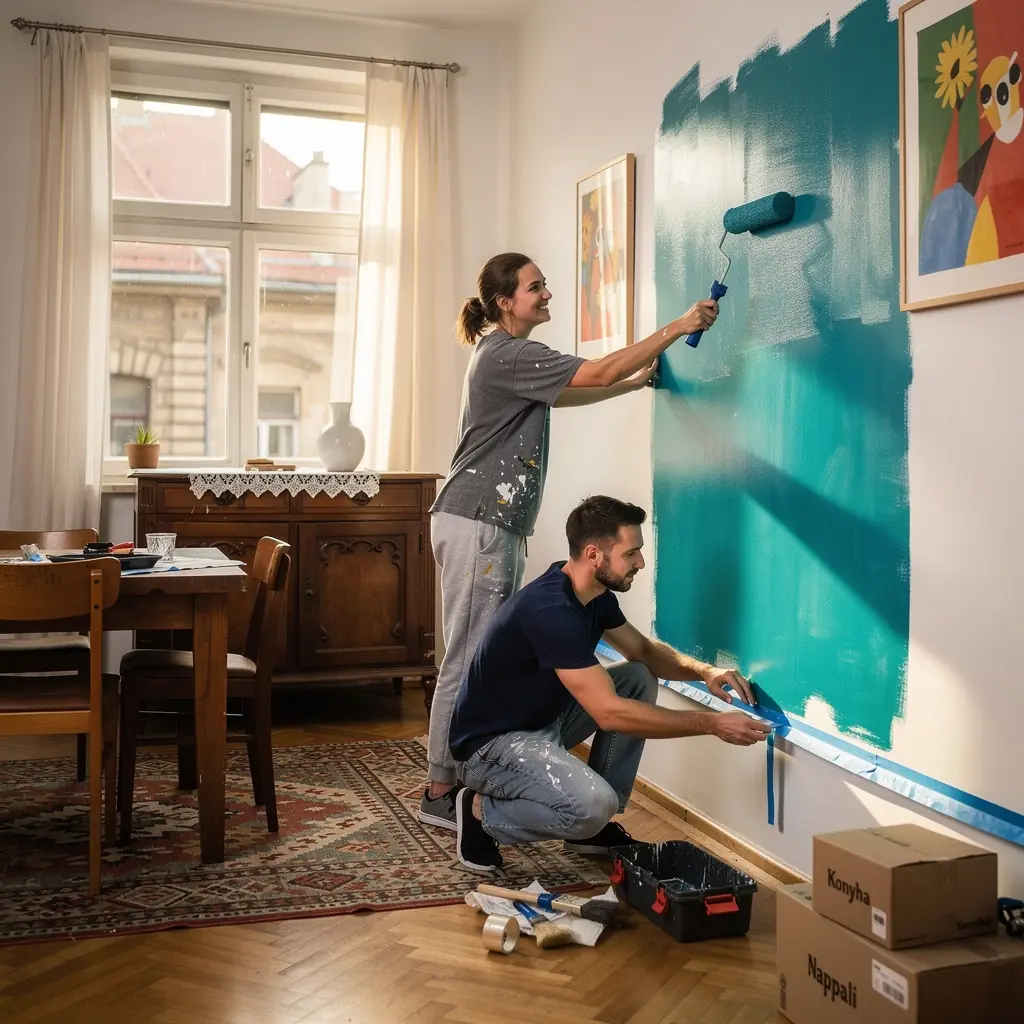 Villanyszerelő, aki éppen egy kapcsolót telepít egy falra, biztonsági felszerelésben.