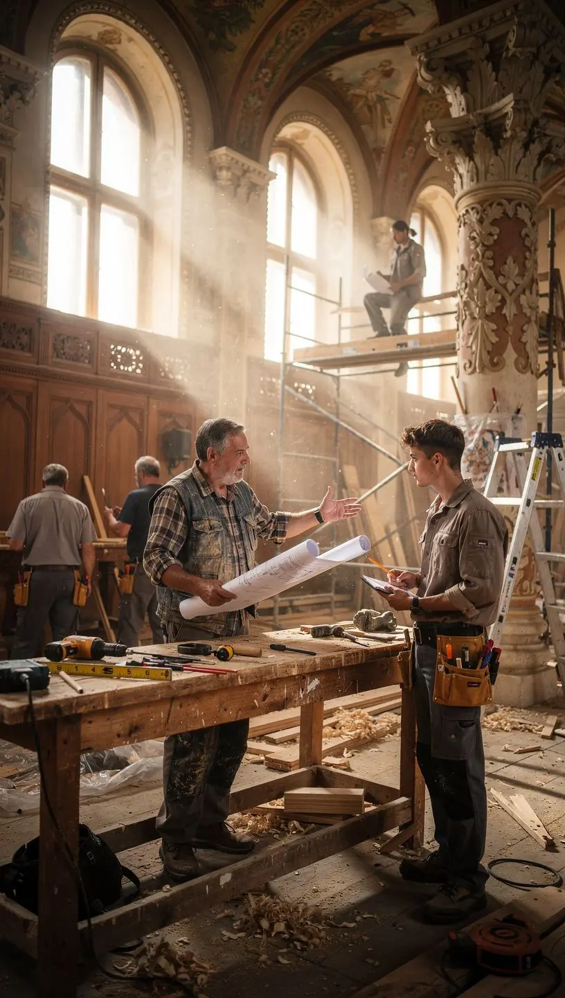 Otthoni javítás során használt szerszámok, mint például kalapács és csavarhúzó, egy munkapadon.